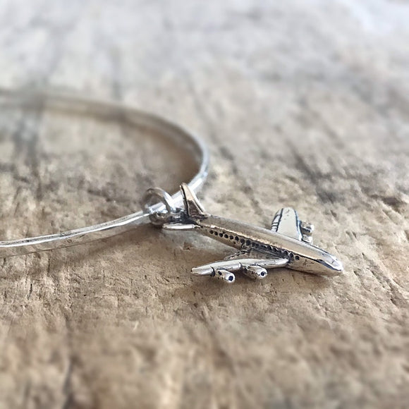 Silver Airplane Charm<br>Bangle Bracelet