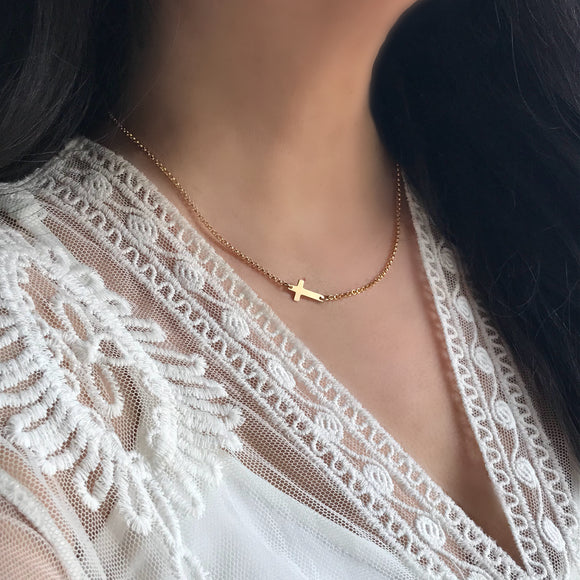 Gold Sideways Cross Necklace